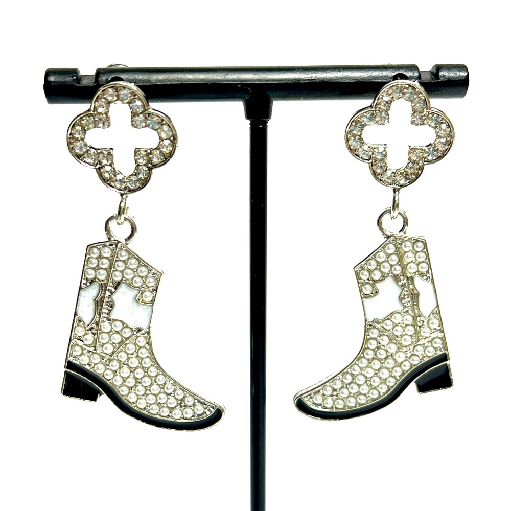 Earrings, NIP, Silvery Boot Dangle Earrings, enhanced cream beads & rhinestones